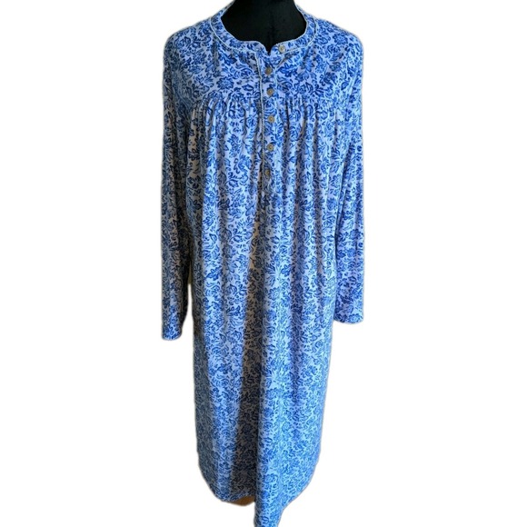 Aria Collections Long Sleeve Velour Nite Gown Sz L Blue White Floral Pockets EUC - Picture 2 of 7